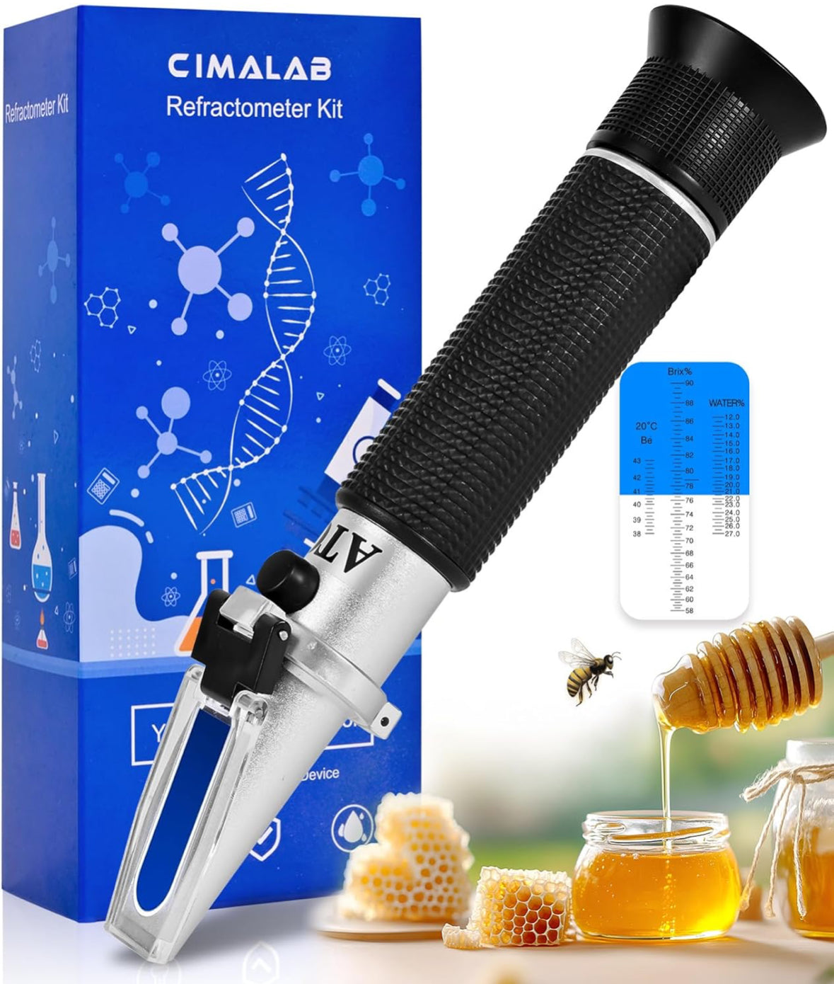 Honey Refractometer for Moisture, Brix and Baume, Brix Meter Refractometer with ATC, (12-27% Honey Moisture, 58-90% Brix, 38-43° Baume), Refractometer Brix for Honey